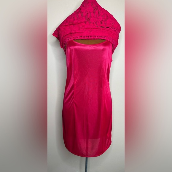 Laundry Shelli Segal Dress Pink Crochet Floral Knit Short Sleeve Sheath Size 6 - Picture 8 of 12